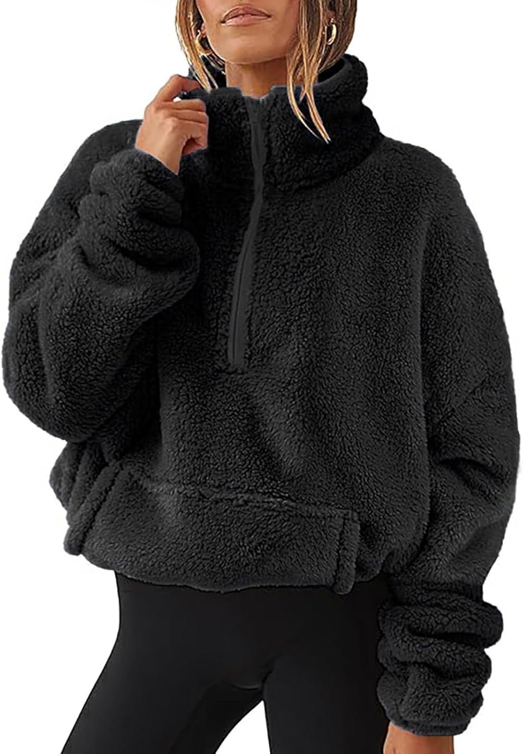 Womens Long Sleeve Sherpa Fleece Crop Jacket Full Zip Stand Collar Coat with Pocket