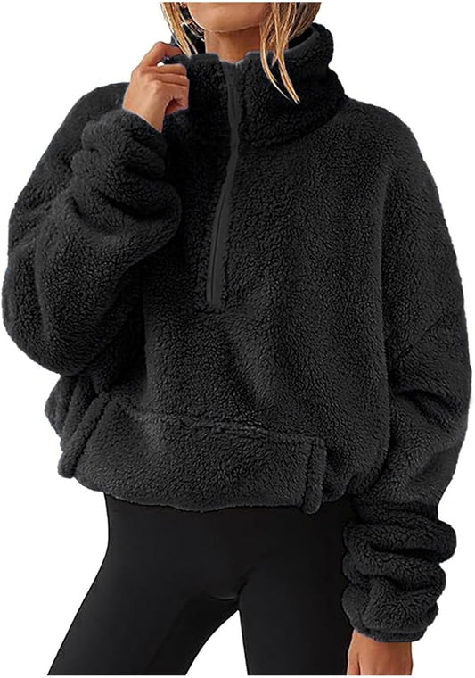 Womens Long Sleeve Sherpa Fleece Crop Jacket Full Zip Stand Collar Coat with Pocket
