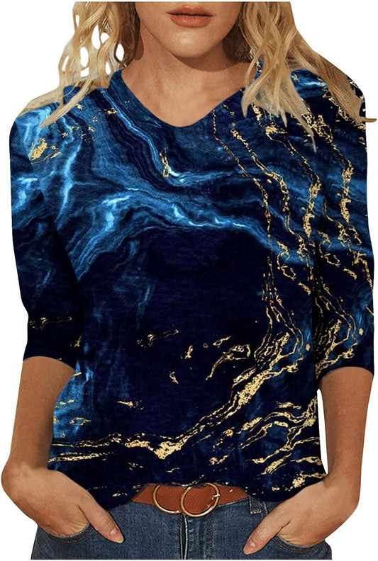 Womens Casual Tops 3/4 Sleeve Crewneck T-Shirt Marble Print Tops 2024 Fashion Ladies Shirts Blouse for Teen Girls